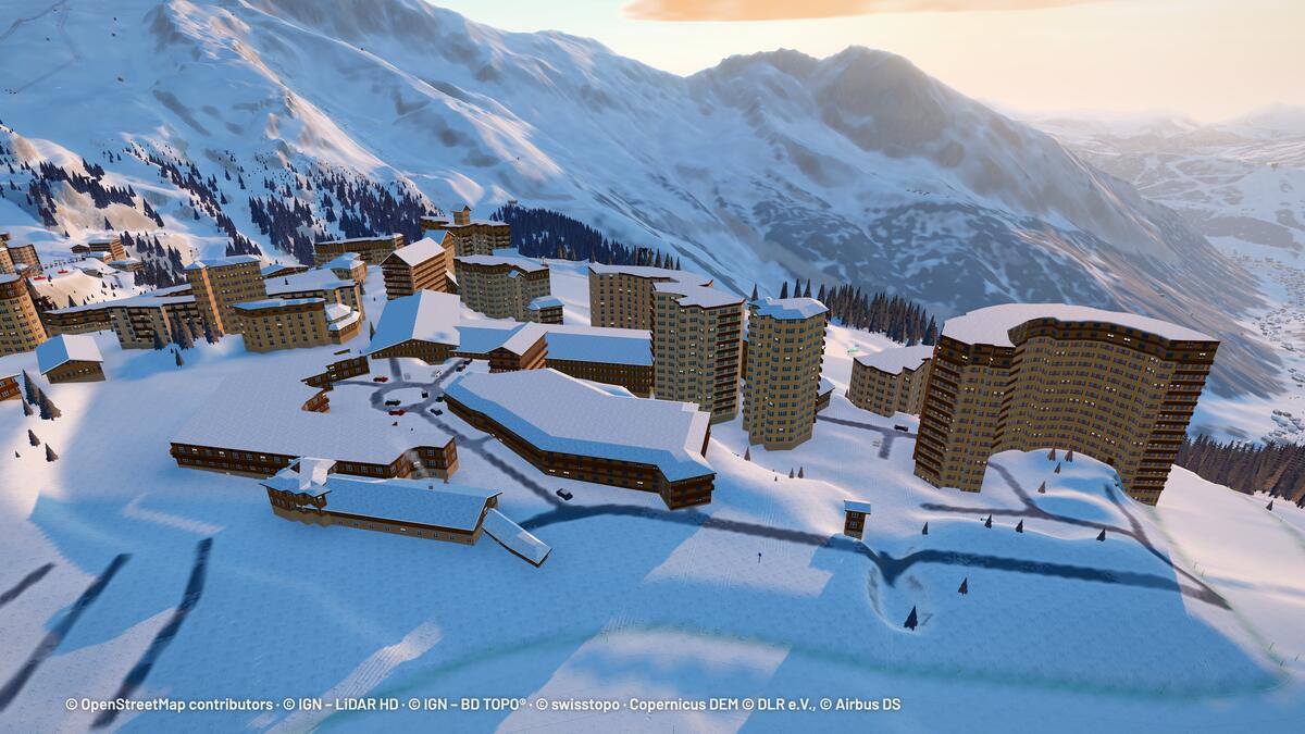 Avoriaz and its cliffs in late-afternoon light, rebuilt in 3D by GeoPeaks: snow-covered buildings, forests and mountains.